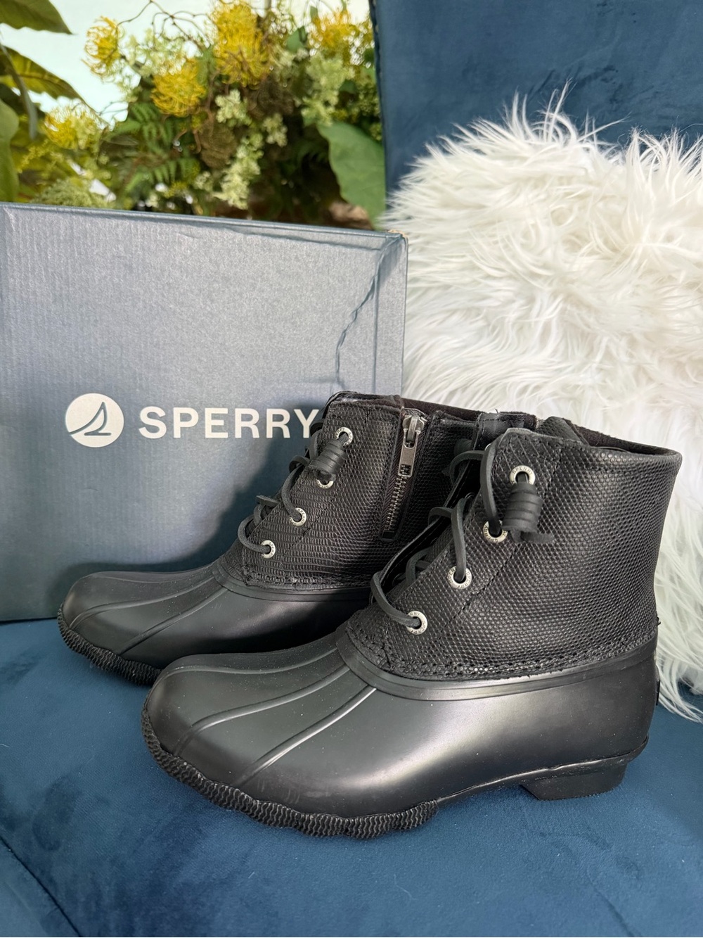 Sperry Black Lace-Up Duck Rain Ankle Boots